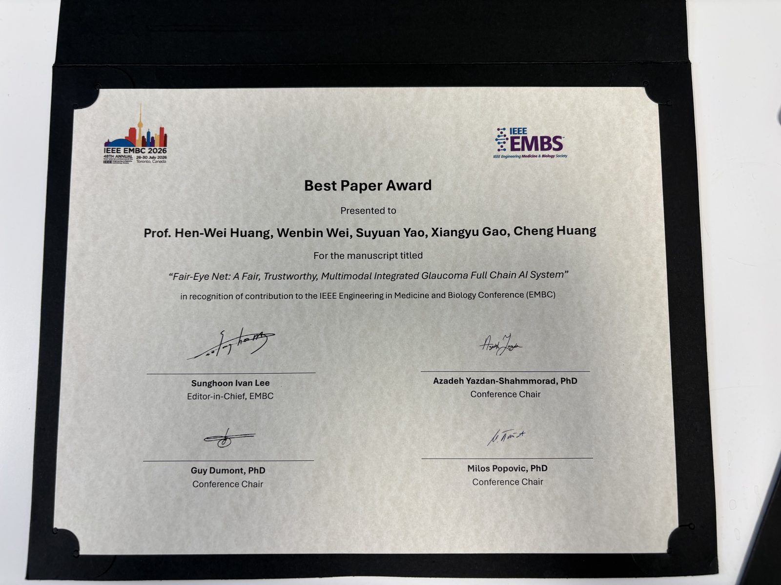 IEEE EMBC 2026 Best Paper Award certificate for Fair-Eye Net